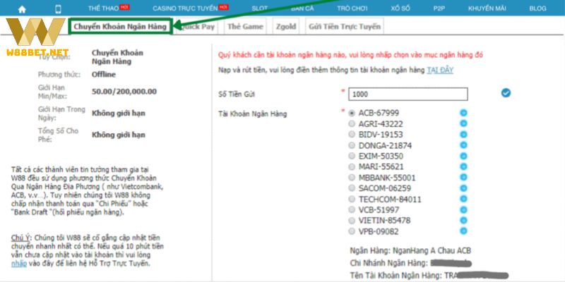 Các bước nạp tiền W88 thông qua tài khoản ngân hàng