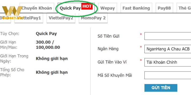 Hướng dẫn gửi phí vào nhà cái qua kênh Quick Pay